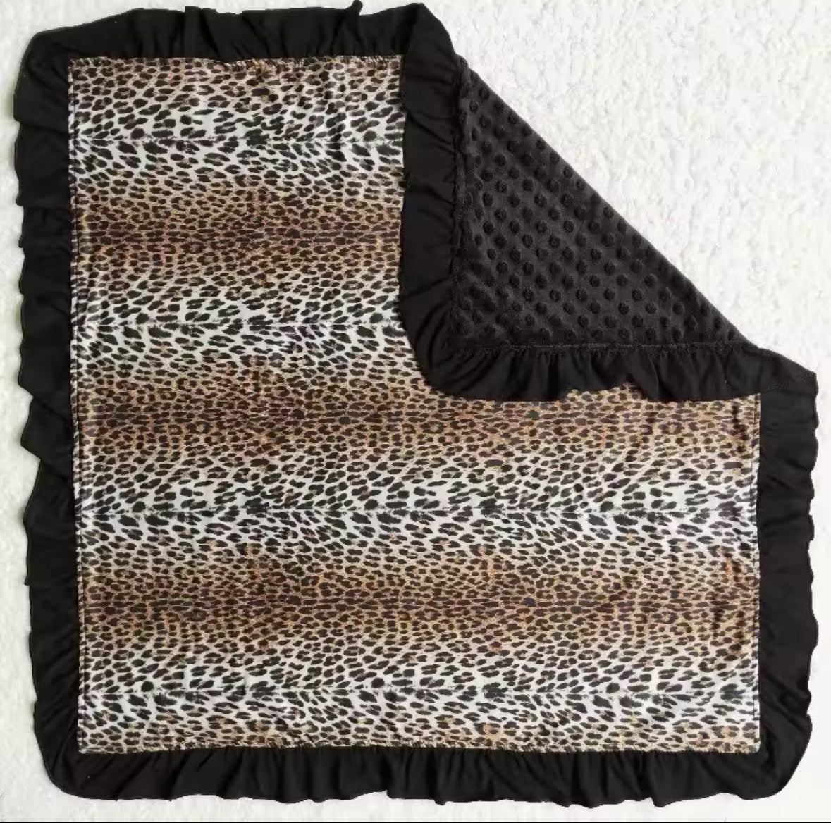 Black & Leopard Ruffled Minky-Back Blanket 29x43”