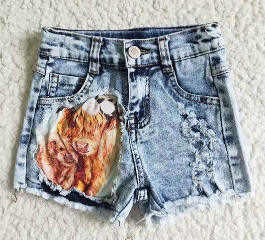 Acid Wash Highland Cow Denim Shorts