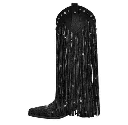 Womens Knee High Rhinestone Fringe Western Boots