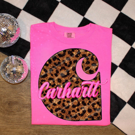 Leopard Bright Pink Faux Glitter C Tee