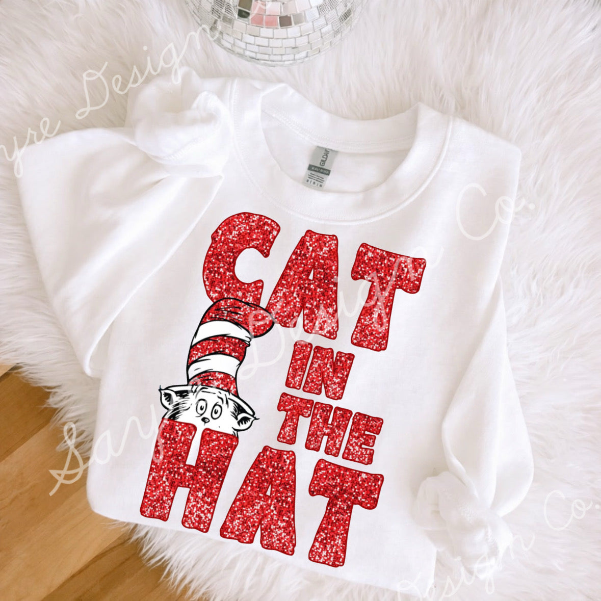 Faux Glitter Cat in the Hat Onesie/Shirt/Long Sleeve/Crewneck