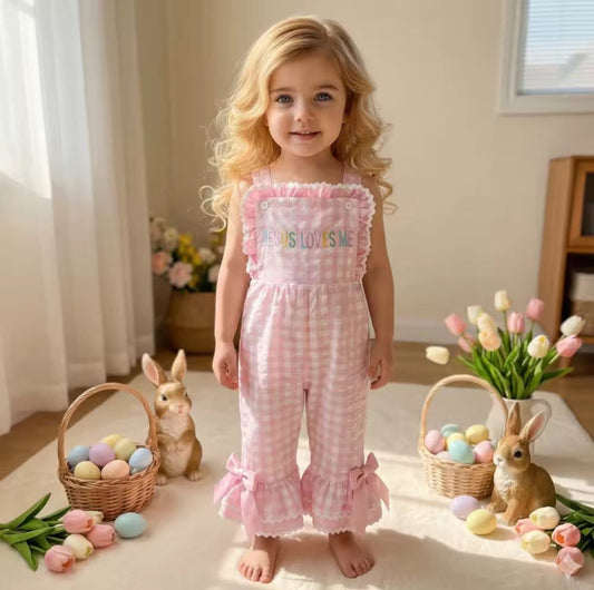 Jesus Loves Me Embroidered  Overall Pink