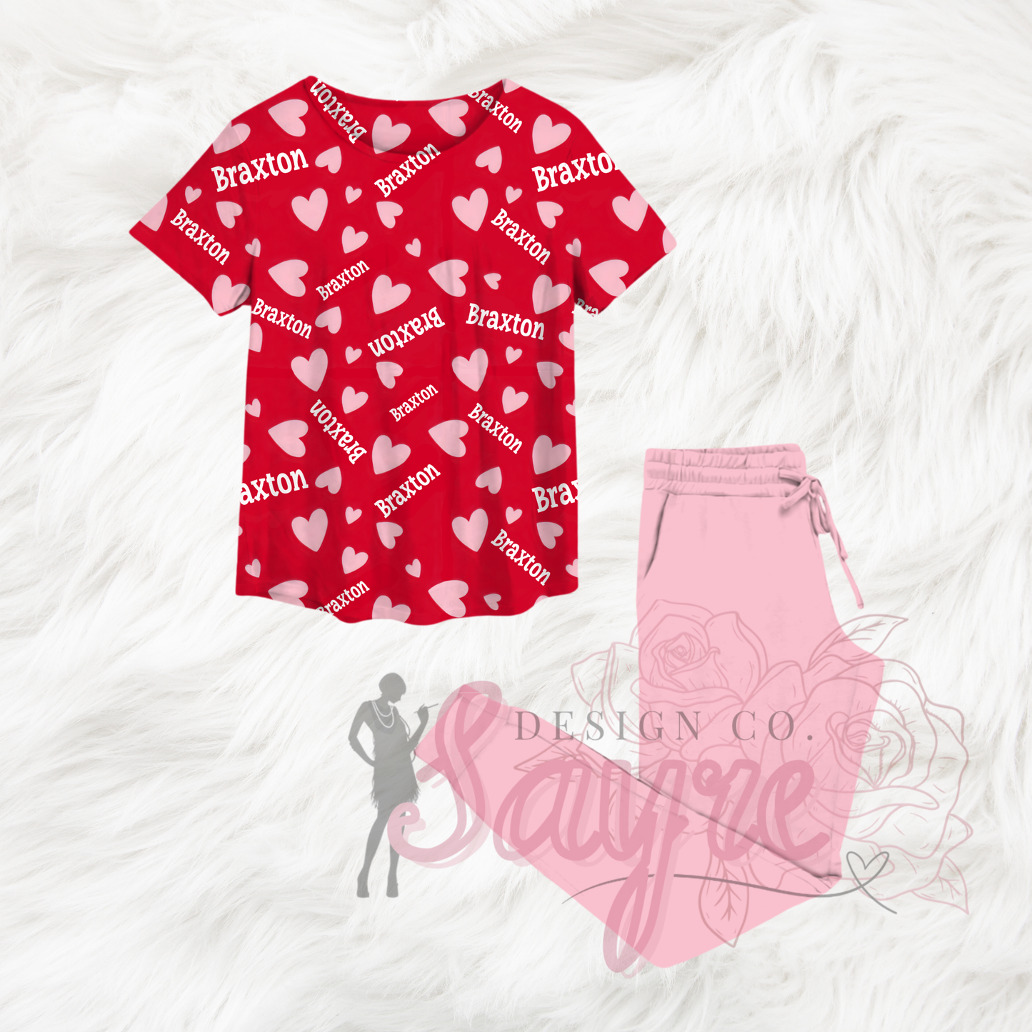 Name Customizable Red Background Pink Hearts 0/3M-Adult 4XL