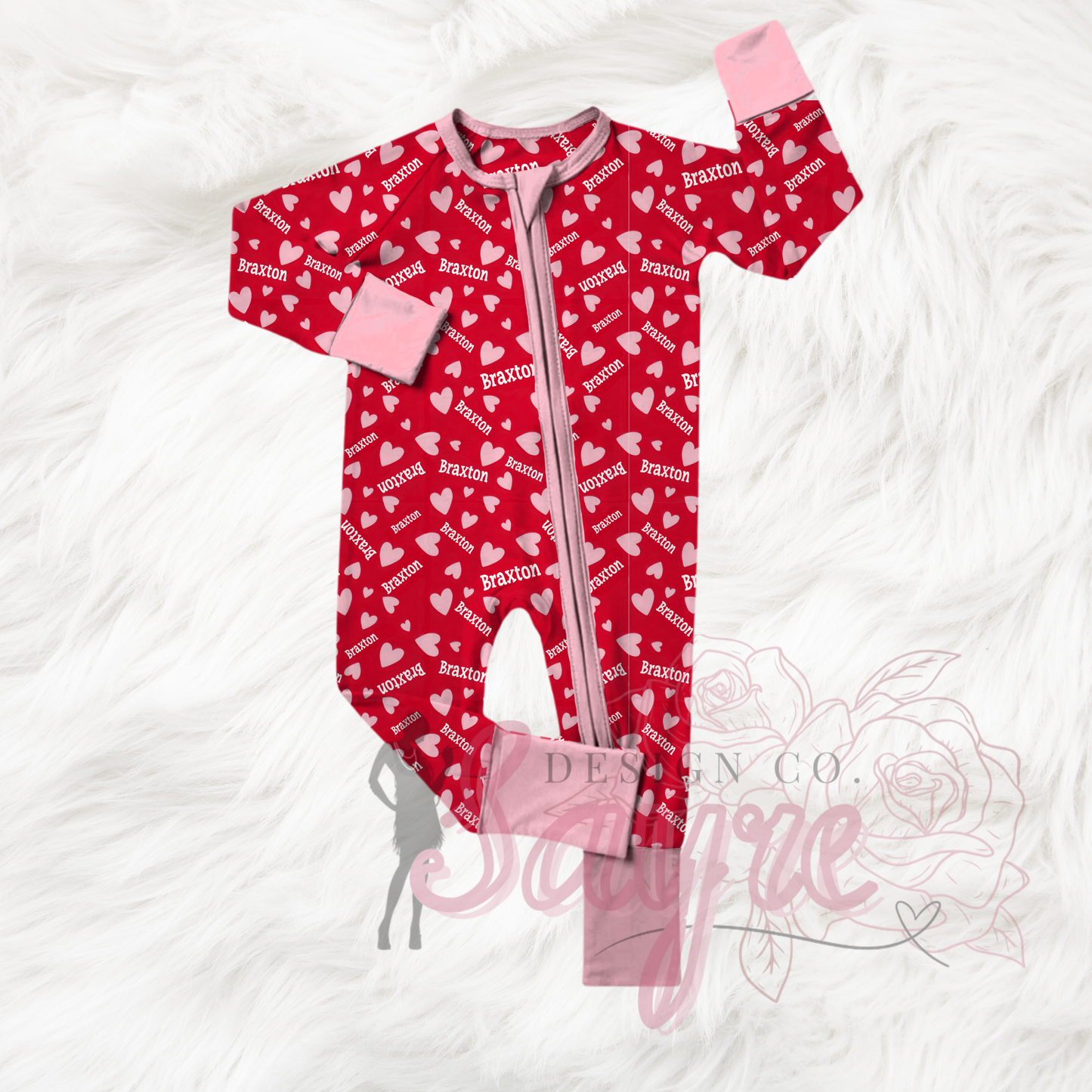 Name Customizable Red Background Pink Hearts 0/3M-Adult 4XL