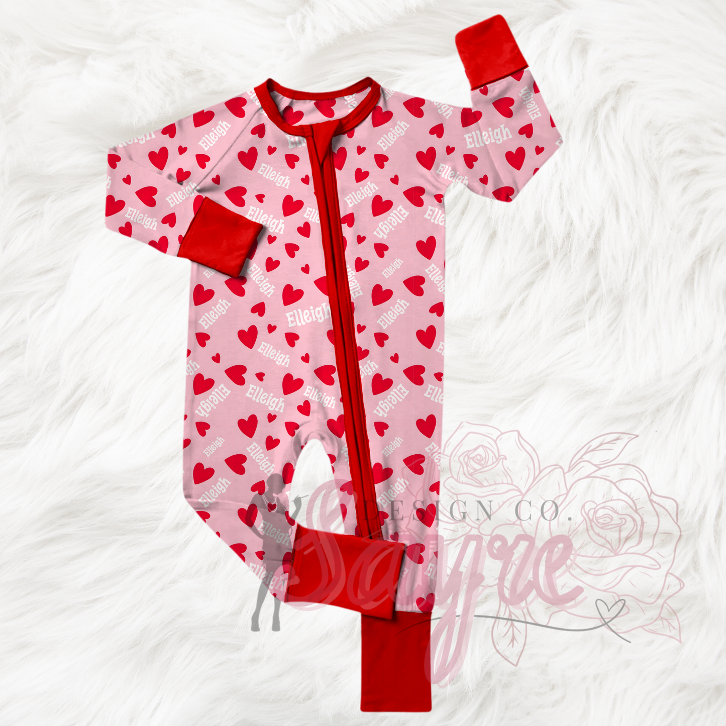 Name Customizable Pink Background Red Hearts 0/3M-Adult 4XL