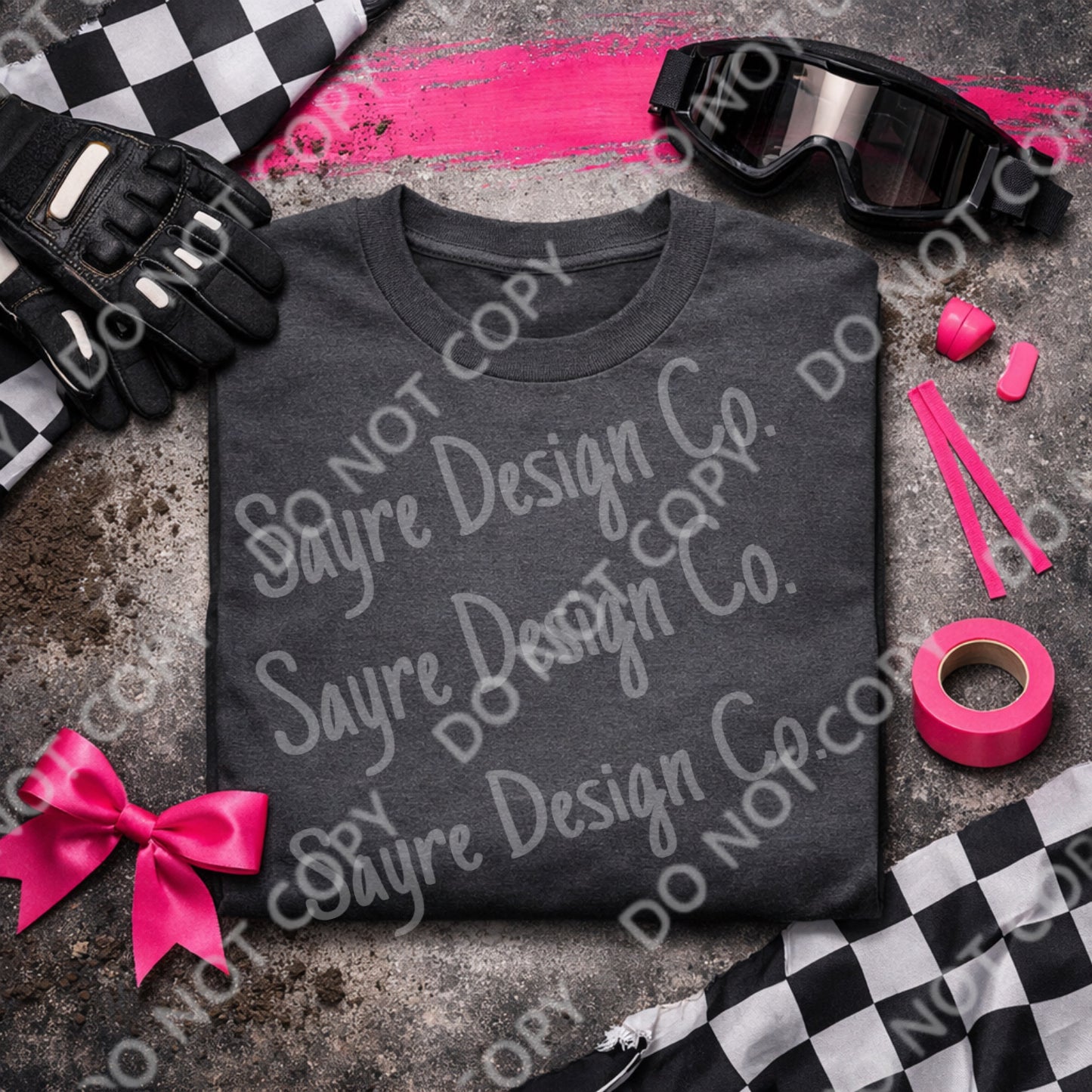Charcoal Grey T-Shirt Hot Pink & Black Racing Flat Lay Mockup