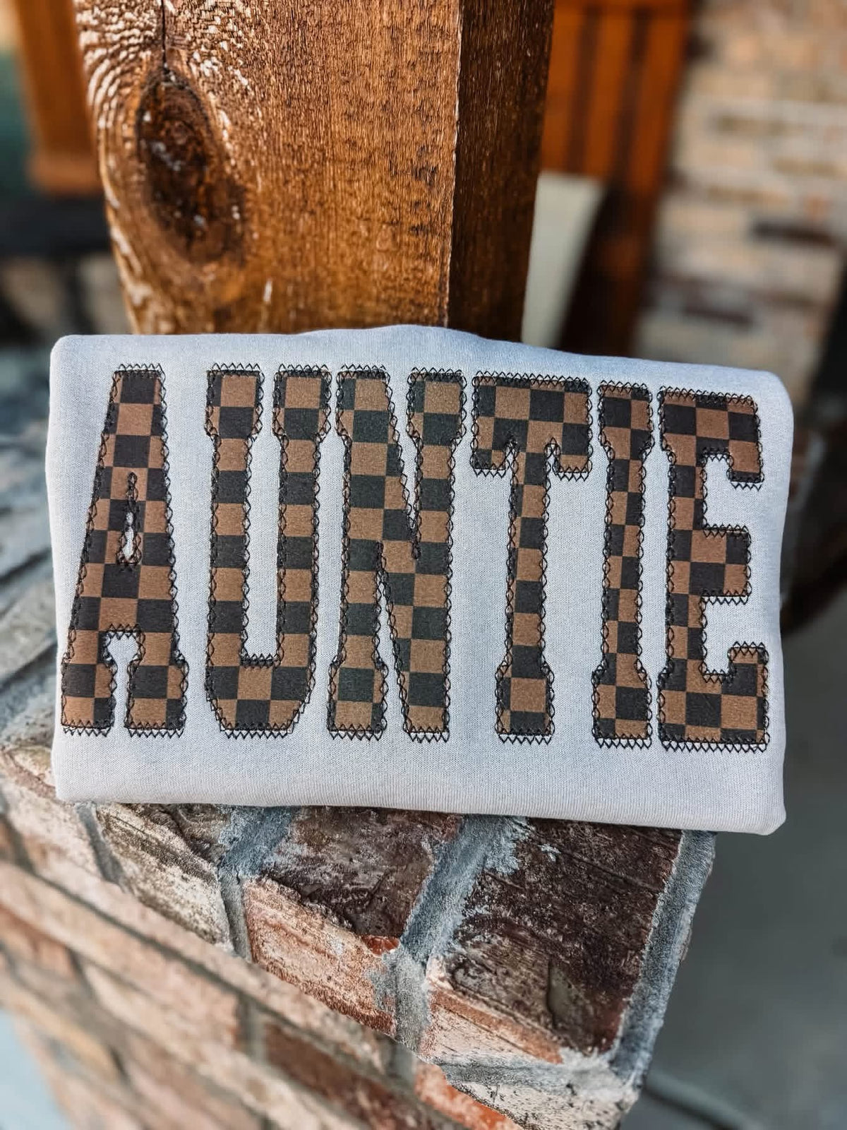 Checkered Auntie Embroidered Crewneck- Closes 10/18!