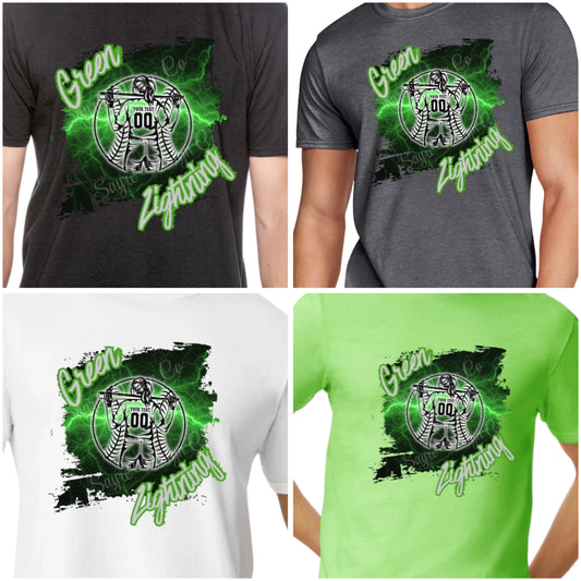 Custom Green Lightning Distressed Design Tee-Adult