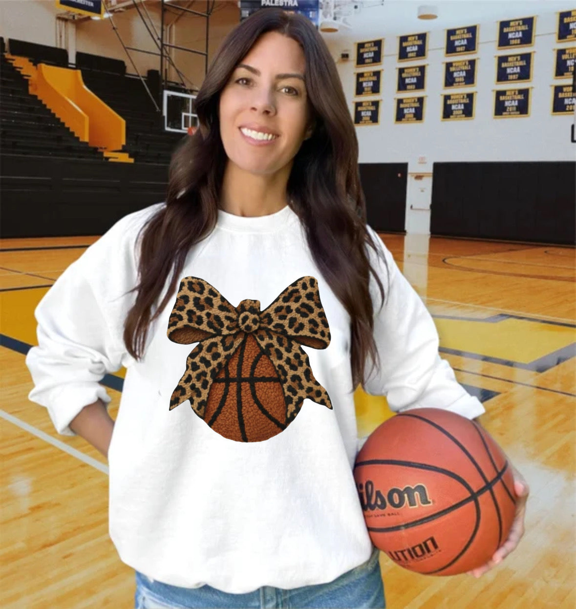 Faux Patch Leopard Basketball Bow Shirt/Long Sleeve/Crewneck/Hoodie