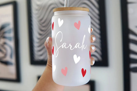 Frosted Personalized Glass Can Heart Themed 3 Piece Set