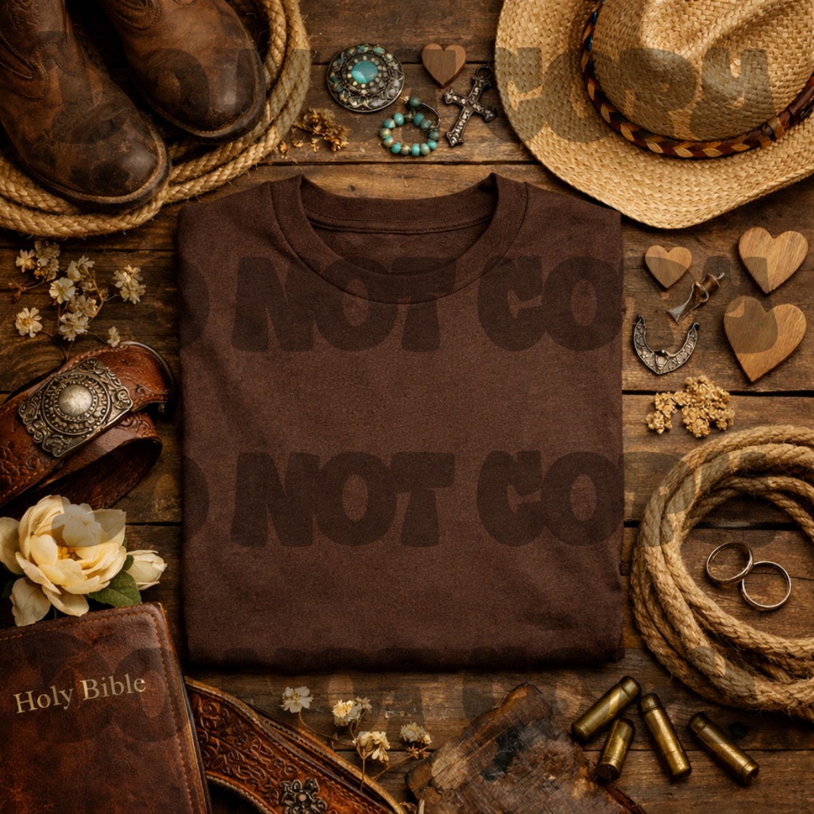 Mocha Brown T-Shirt Western Jesus Flat Lay Mockup